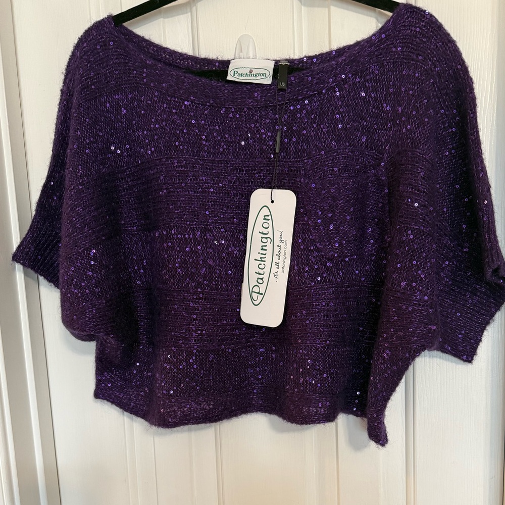 Patchington NWT Deep Purple Sequin Crop Sweater Short Sleeves Large Beautiful